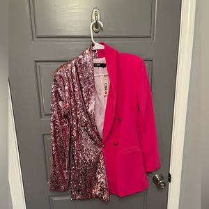 Pink Sequined Patchwork Long Blazer
